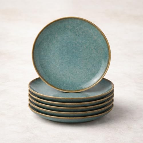 Image of Freakway Handcrafted Stoneware Ceramic Dinner Plates, Teal Reactive Glaze, 25.4 cm, Microwave & Dishwasher Safe, Set of 6