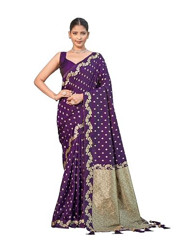 Image of MANOHARI Women's Trendy Banarasi Satin Silk Woven Saree with Heavy Jacquard Work, Elegant Design for Women with Lace Border Unstitched Blouse Piece for Weddings & Festive Occasions