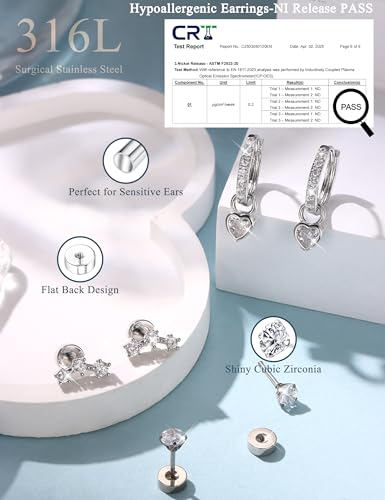 LOLIAS Hypoallergenic Flat Back Earrings for Women Girls Surgical Steel Earrings for Sensitive Ears - Stainless Steel Flatback Stud Hoop Cartilage Earring Stacks2
