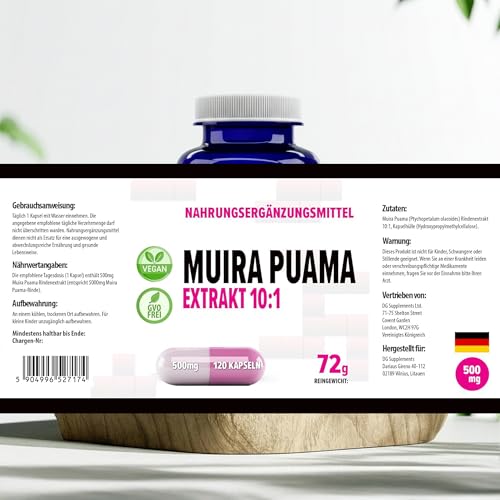 Muira Puama (Potenzholz) 5000mg Äquivalent (500mg von 10:1 Extrakt) 120 Vegane Kapseln, Laborgeprüft, Hochdosiert, Nicht GVO, keine Füllstoffe oder Zusatzstoff