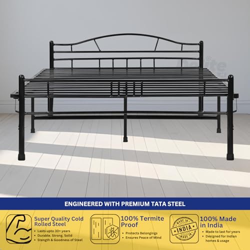 Image of DELITE KOM Lyra Foldable Metal Bed | Queen Size (6.4ft x 5.02ft) | Portable | No Installation | Strong Steel Frame | Powder Coated | Heavy Load | for 75 inchx60 inch Mattress | Glossy Black | 1 Year Warranty