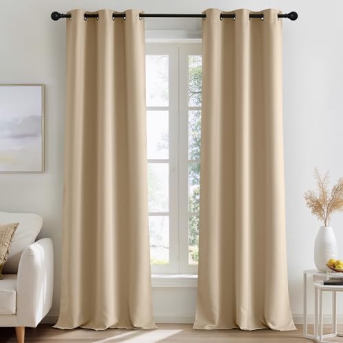 Image of NICETOWN Beige Room Darkening Curtains 90 Inches Long 2 Panels for Living Room, Bedroom, Nursery Summer Thermal Insulated Blackout Drapes Grommet Noise Reducing Window Curtains, W40
