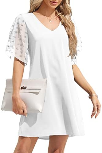 Renoholl Womens Casual Dresses V Neck Short Bell Sleeve Shift Ruffle Cute Dress Loose Pom Pom Flowy Mini Dress White