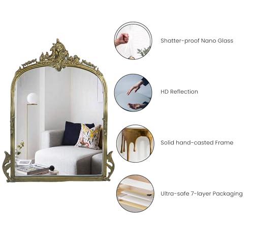 Image of Gharaana Victorian Arched Wall Mirror for Bedroom and Living Room | Decorative Mirror for Wall Decoration | Vintage Brass (35x24)