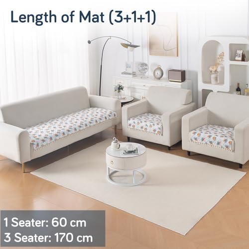 Image of HOKIPO Abstract Petals Quilted Sofa Cover 5 Seater Set - Washable 3+1+1 Sofa Cover Mat with Tassel Design | 'Tassel Twigs' Series (IN-985-T10 + IN-982-T10*2)