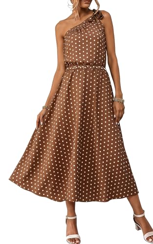 Image of ECOWISH Womens Summer One Shoulder Maxi Dress Casual Polka Dot Midi Dresses Sleeveless Long Pockets Sundress Beach Vacation