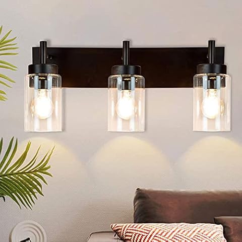 DLLT Wall Light Fixture, Vintage Bathroom Vanity Light with 3 Clear Glass Shade, Wall Sconces Lamp for Powder Room, Hallway, Kitchen, Mirror, Laundry Room (E26 Base) Cover