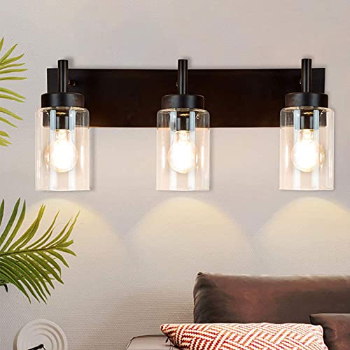 Image of DLLT Wall Light Fixture, Vintage Bathroom Vanity Light with 3 Clear Glass Shade, Wall Sconces Lamp for Powder Room, Hallway, Kitchen, Mirror, Laundry Room (E26 Base)