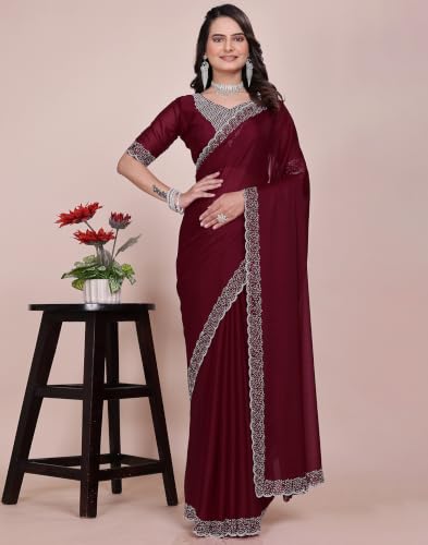 Image of SIRIL Women's Georgette Hot Fixing Stone Work Saree with Unstitched Blouse Piece