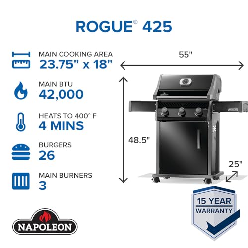 Image of Napoleon Rogue 425 3-Burner Propane Grill | Black, Outdoor BBQ, 42,000 BTUs, 571in Area, Instant Ignition, Folding Shelves, Warming Rack, Locking Caster Wheels