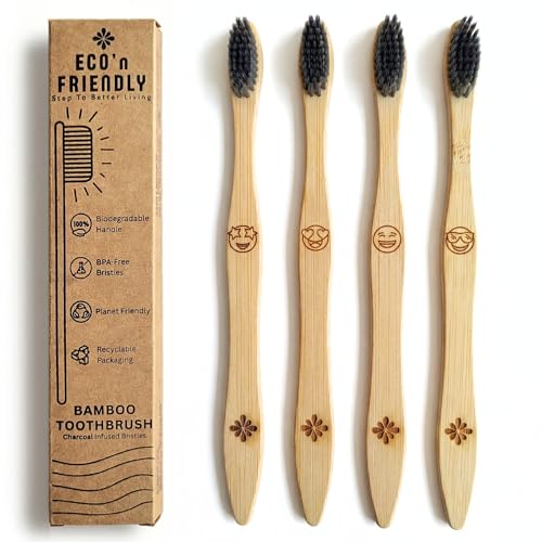Image of ECO'n FRIENDLY Bamboo Toothbrush for Adults | Charcoal Infused BPA-Free Bristles | Emoji for Easy Identification | Biodegradable Handle | Pack of (4)