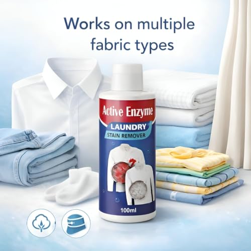 Image of Active Enzyme Laundry Stain Remover Liquid 100ml | Powerful Fabric Stain Cleaner for Clothes | Removes Food, Oil, Grease, Ink & Sweat Stains | Easy Pre-Wash Treatment (3)