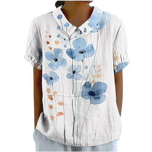 Image of Floral Light Blue Womens Summer Tops Peter Pan Collar Blouses Short Sleeve Linen Shirt Plus Size Dressy Tops Casual Loose Fit Tee Tops Ladies Linen Outfits Vintage Floral Print Loungewear XL