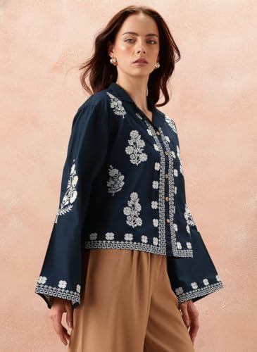 Image of Bee M Pee Designer Women's Embroidered Korean Crop Shirt | Full Bell Sleeves Western Tops for Woman Stylish | Oversized Formal /Casual /Office Wear Cotton Shirts Top for Women
