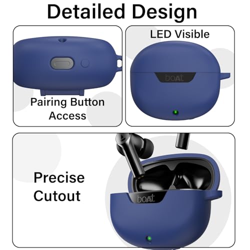 Image of Sounce Earphone Case Cover for Boat Airdopes 300 Premium TWS Soft Silicone Skin Case Cover Shock Absorbing Protective Case with Keychain [Front LED Visible] - Blue