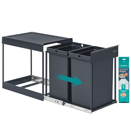 SONGMICS Poubelle de Tri Sélectif, Poubelle de Cuisine Extractible Coulissante, 2 Seaux de 20 L, Coulissement en Douceur, Structure en Acier, Couvercle en...
