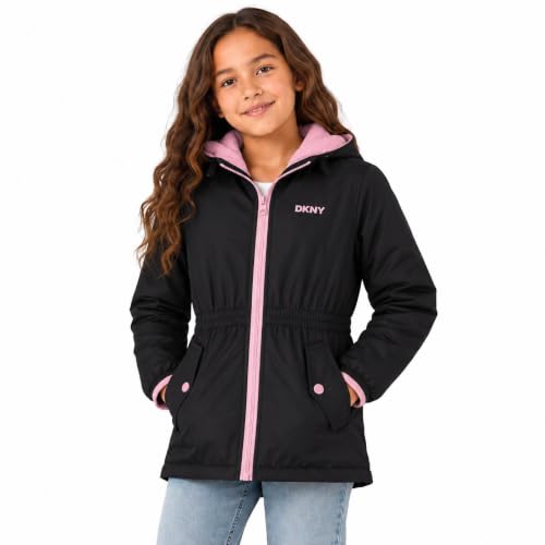 Image of DKNY Girls Midweight Jacket, Anorak Windbreaker, Polar Fleece Lined, Hooded