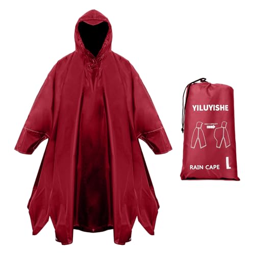 YILUYISHE Unisex Rain Poncho for Adults, Hooded Waterproof Raincoat Jacket for Hiking, Camping and Outdoor, Dull Red, Large