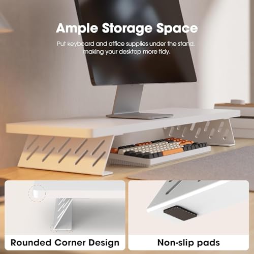 Image of 58180 Monitor Stand Riser for Desk 80cm Large Computer Monitor Stand for 2 Monitors Wooden Desk Organizer Stand for PC, Laptop, Printer, TV Screen - White base - White top