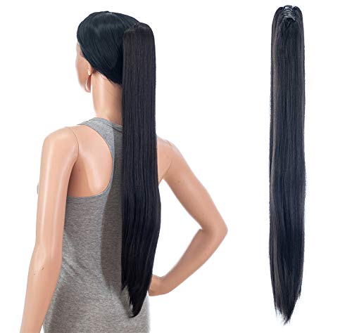SWACC 28-Inch Long Straight Claw Clip Ponytail Extensions Synthetic Hair Extensions Ponytail Jaw Clip Hair Pieces for Women (Dark Brown-4#)