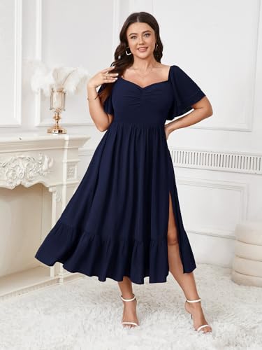 Image of SCOMCHIC Womens Plus Size Wedding Guest Cocktail Dresses Sweetheart Neckline Short Sleeve Smocked Ruffle Slit Maxi Dress