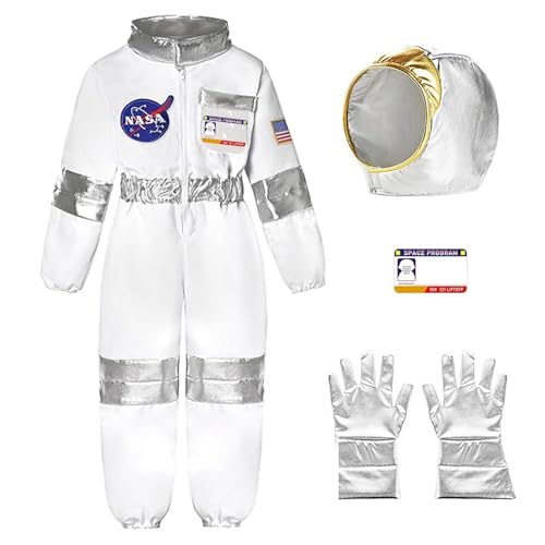 ZYPAINIY Astronaut Kostüm kinder 3Pcs Weiß Astronauten Kind Unisex Overall Helm Silberne Handschuhe Weltall astronauten Kostüm...