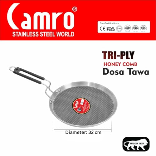 Image of Tawa for Roti and Dosa | Triply Honeycomb Tawa 32cm | Induction Base Dosa Tava Non Stick | Perma-Cool Handles | Base & Induction Compatible | Metal Spoon Friendly | Sturdy Handles