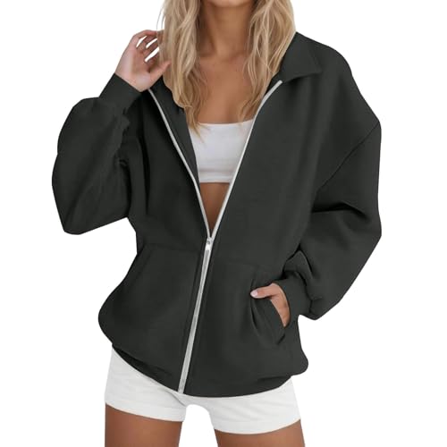 Womens Sweatshirt Zip Up Fleece Jackets Oversized Hoodies Cute Y2K Long Sleeve Fall Winter Collared Shirts With Pockets
