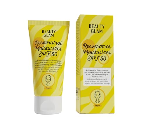 BEAUTY GLAM Resveratrol Moisturizer mit Sonnenschutz SPF 50 (50 ml) – Antioxidative Gesichtspflege mit Reveratrol – Schützt vor Sonnenbedingten Hautschäden – Vegane Feuchtigkeitspflege