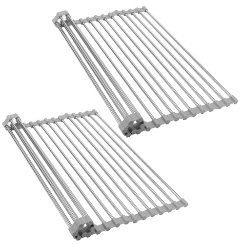 MOUYAT 2 Pack Roll Up Dish Drying Rack, 304 Stainless Steel Over Sink Drainer Rack with Non-Slip Silicone, Foldable Sink Drainer Rack for Kitchen Countertop, and Over-the-Sink Draining (43 x 35cm)