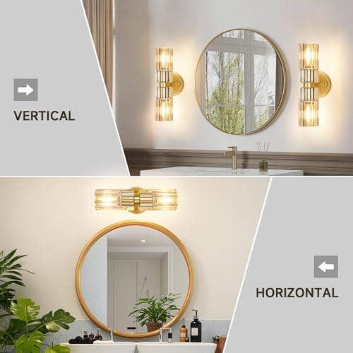 Image of Gold Wall Sconce, Modern Bathroom Sconces Wall Lighting Vanity Light Fixtures with Clear Crystal, Hardwired Brushed Brass Wall Mount Lights for Living Room Corridor Mirror Bedroom Stairs
