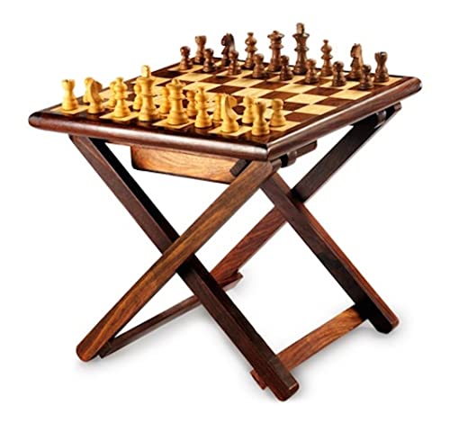 Image of Bros Moon Wooden Folding Best Chess Board Cum Table with Professional Pieces with Under Drawer Fittings for Pieces 12 inchx 12 inch inches (Chess Royalle, 12 Inches)