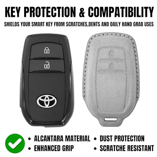 Image of KMH Alcantara Car Key Cover Compatible with Toyota Innova Crysta Hilux 2 Buttons Shell Case Car Accessories Key Smart Keycover with Keychain (D2) Grey - Pack of 1