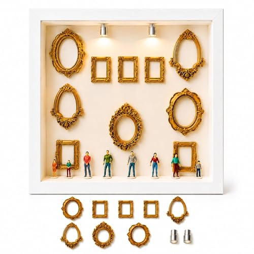 DIY Mini Museum Shadow Box Frame Kit Personalized Museum of Us Silhouette Display with 8pcs Mini Gold Frames & 8pcs Mini Figurines Custom Family Memory Box for Wedding Anniversary & Home Decor