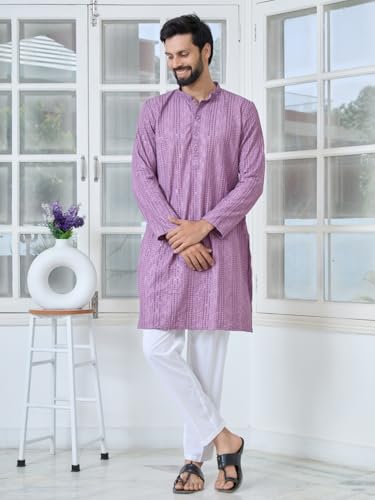 Image of See Designs Men's Full Sleeve Mandarin Collar Sequins Embroidered Straight Long Kurta - Festive Collection