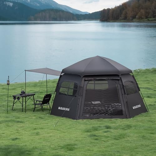 BLACKDOG Blackout Camping Tent with Rainfly, Instant Cabin Tent with 3 Doors&Vestibules and 3 Large Mesh Windows, UPF50+ Black Coating, PU3000+ Waterproof, for Outdoor Hiking, Backpacking, Car Camping