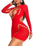 Avidlove Women's Fishnet Lingerie Sexy Long Sleeve Lingeries Naughty Mesh Babydoll Fishnets Mini Dress Santa Outfit for Christmas B-red