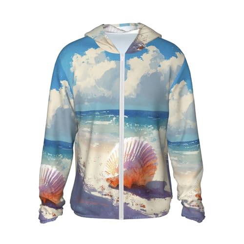 UPF 50+ Pretty Beach and Seashell Sun Protection Hoodie Rash Guard Shirt Long Sleeve Sun Shirt Lightweight Jacket