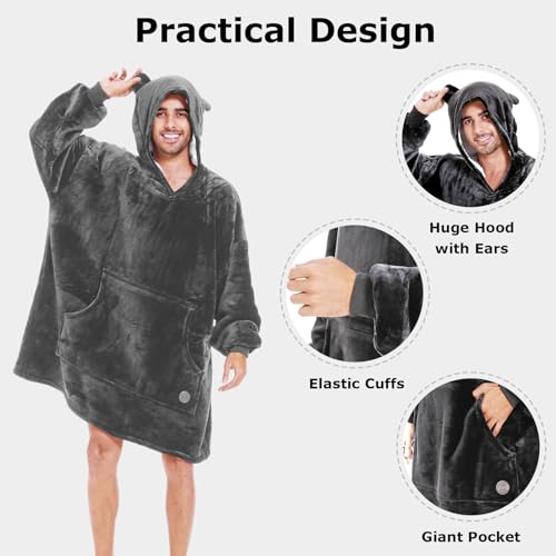 THREE POODLE Wearable Blanket Hoodie for Women, Oversized Sherpa Sweatshirt Blanket for Adults Men, Cozy Gray Hooded Blankets, Gifts for Teen Girls Women Mom Sister