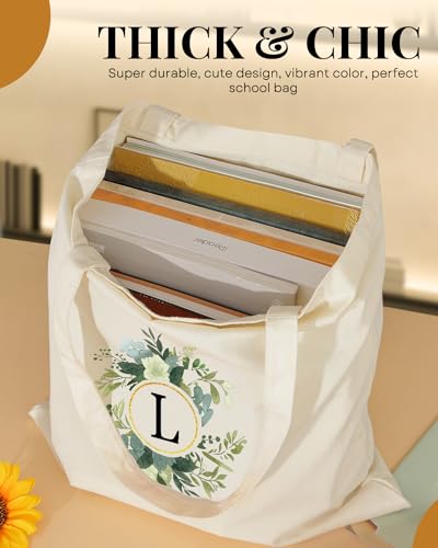 Image of AUSVKAI Canvas Tote Bag for Women, Cute Aesthetic Leaf Initial Trendy Cotton Reusable Personalized Birthday Bags