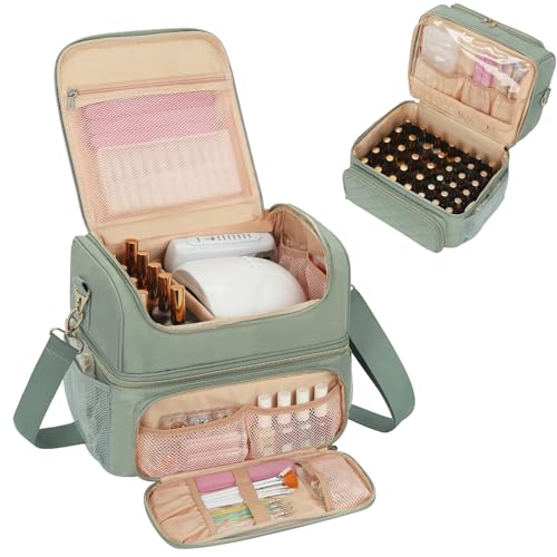 CUBETASTIC Nail Polish Organizer & Storage Bag for 48 Bottles & Full-Size Lamp, Double-Layer Travel Case Box for Nail Supplies, Manicure Kit & Pedicure Tools (Green, 48 Slots)