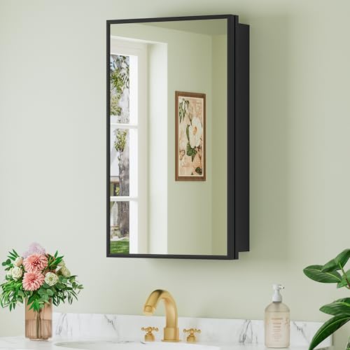 Buruis 14 x 24 Framed Medicine Cabinet with Mirror Recessed Bathroom Cabinet Fits 13-3/8 x 22-13/16 Rough Opening Wall Mount Mirror Cabinet with Adjustable Glass Shelves Black