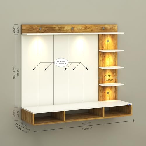 Image of Anikaa Tyron Engineered Wood Wall-Mount TV Unit with PVC Back Panel & LED Lights | TV Cabinet with Storage Box & Decorative Shelves (Gaintwood /White) | Ideal for TVs up to 55 Inch | DIY Installation