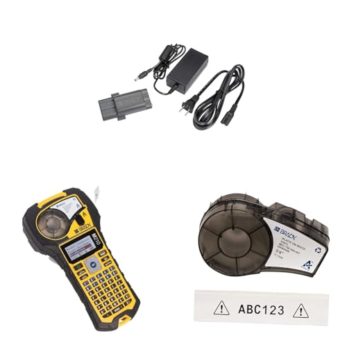 Image of Brady M210 Printer Accessory Power Kit Li-Ion Battery Pack & M210 Portable Label Printer with Rubber Bumpers & Authentic (M21-750-595-WT) All-Weather Vinyl Label