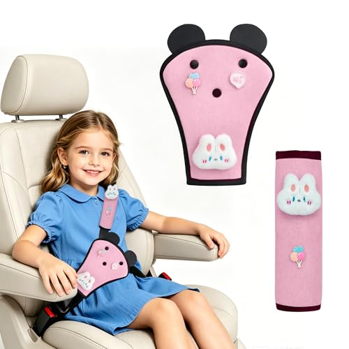 Zigihos Cute Bunny Seat Belt Cover Pads for Kids Soft Mesh Seatbelt Cushion Shoulder & Belly Protector 2-Piece Set