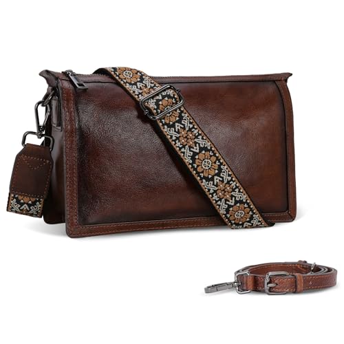 Iswee Tan Purse Crossbody Leather Travel Bags for Women Medium Size Shoulder Purse Trendy Everyday Handbags with Guitar Strap Satchel (Coffee)