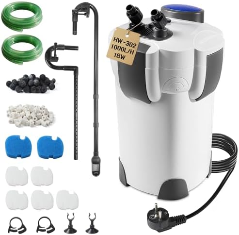 EXLECO Filtro Externo Acuario 1000L/H 18W Filtro Pecera Flujo Ajustable con Material Filtrante y Manguera Acuario Tubo, Bomba de Filtro Aquário Potente Profesional para Pecera de Menos de 300L HW-302