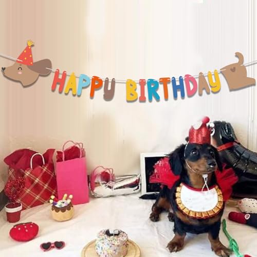 Image of Dachshund Dog Birthday Banner - Multicolor, 59 inch x 14.5 inch Long Sausage Wiener Dog Puppy Party Decoration