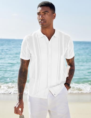 COOFANDY Men's Knit Shirts Short Sleeve Button Down Polo Shirt Vintage Casual Beach Shirt Summer Tops4
