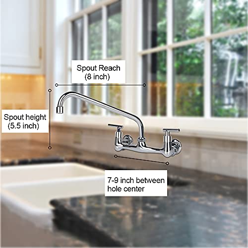 Kwode 2-Handle Commercial Sink Faucet 8 Inch Center Wall Mount Kitchen Faucet With 8" Swivel Spout For Home Restaurant Kitchens Brass Constructed Chrome Finish #TOP6
